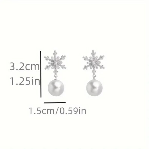Earrings Snowflake Pearl Rhinestone Dangle Sparkle Ornaments Drop WInter Holiday - Picture 4 of 4